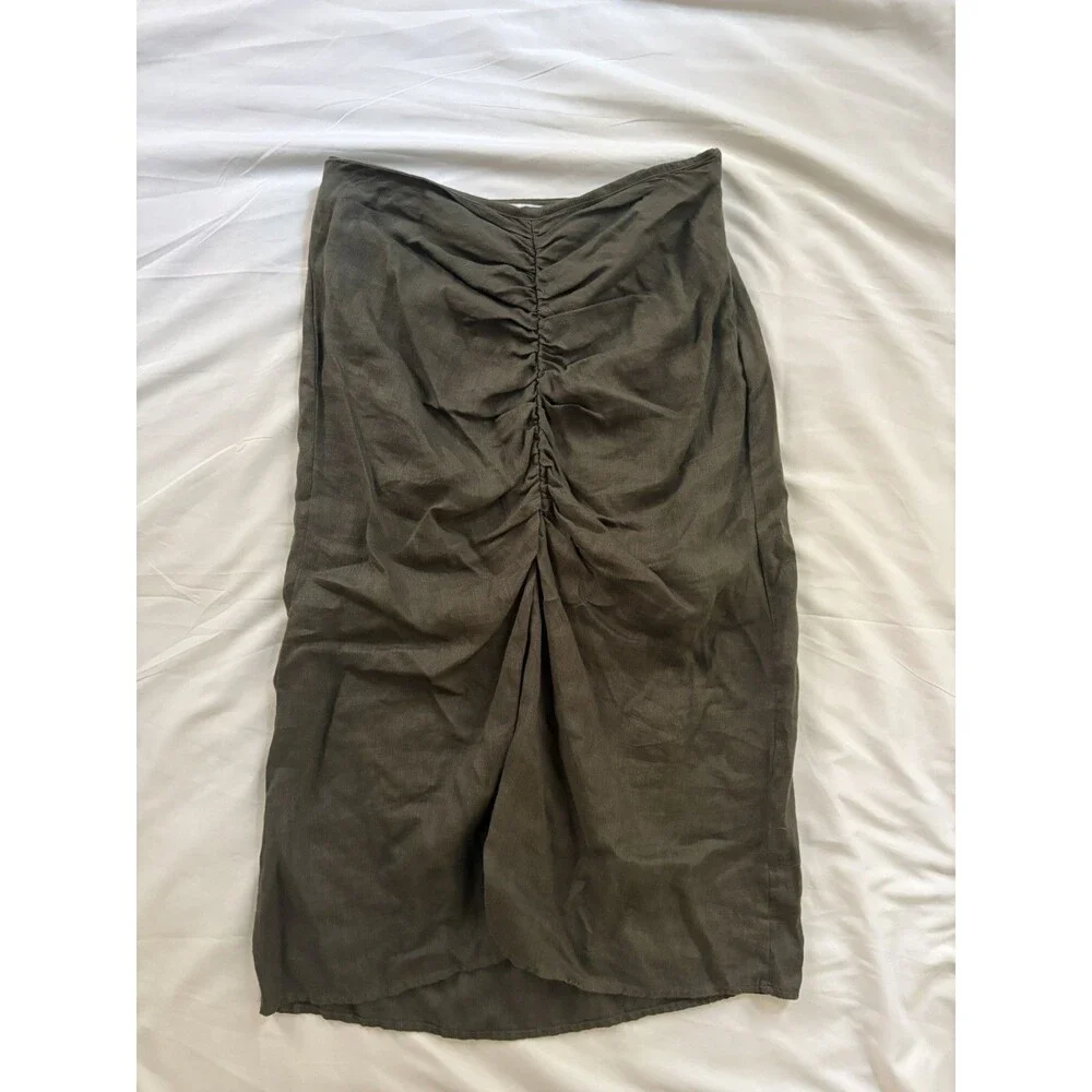 Stateside Linen Ruched Front Slit Skirt in Army Green Knee Length Size US XS